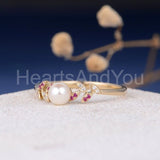 0.1ct Round Simulated Dainty Leave Vine Pearl Engagement Ring Yellow Gold Plated