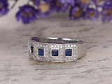 2.5ct Princess Blue Sapphire Diamond Halo Half Eternity Band 14k White Gold Over