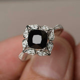 2.2ct Engagement Ring Cushion Cut Black Diamond Art Deco 14k White Gold Finish