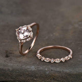 1.5ct Cushion Cut Morganite Floral Bridal Set Engagement Ring 14k Rose Gold Over