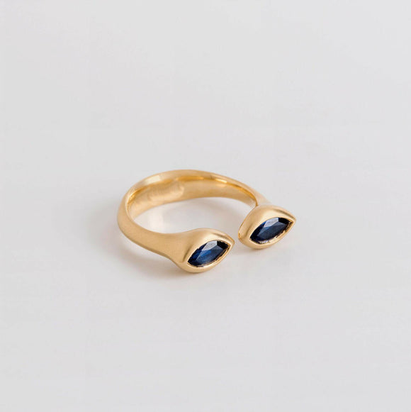 1ct Marquise Blue Sapphire Engagement Ring Two Stone Open 14k Yellow Gold Finish