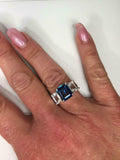 2.3ct Engagement Ring Emerald London Blue Topaz Three Stone 14k White Gold Over