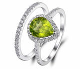 2.4ct Engagement Ring Pear Cut Green Peridot Bridal Set Halo 14k White Gold Over