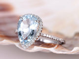 1ct Pear Cut Blue Aquamarine Halo Solitaire Engagement Ring 14k WhiteGold Finish