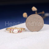 0.1ct Round Simulated Dainty Leave Vine Pearl Engagement Ring Yellow Gold Plated