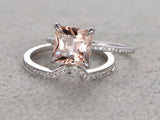 1ct Princess Cut Morganite Bridal Set Engagement Ring Band 14k White Gold Finish