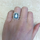 2.2ct Emerald Cut Simulated Aquamarine Art Deco Halo Ring 14k White Gold Plated