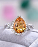 2Ct Pear Cut Yellow Citrine Diamond Halo Engagement Ring 14K White Gold Finish