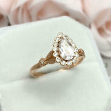 2.2ct Engagement Ring Pear Cut Diamond Leaf Inspired Halo 14k Yellow Gold Finish