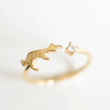0.1ct Round Cut Moissanite Cat Design Engagement Ring 14k Yellow Gold Plated