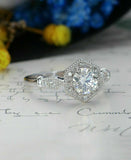 2.5ct Round Diamond Engagement Ring 14k White Gold Over Milgrain Hexagon Shape