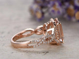 3ct Emerald Cut Peach Morganite Engagement Ring Diamond Halo 14k RoseGold Finish