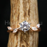 0.15ct Round Cut Moissanite Leaf Accents Engagement Ring 14k Yellow Gold Plated