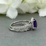 2.1ct Pear Purple Amethyst Halo Bridal Set Engagement Ring 14k White Gold Finish