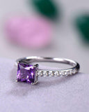 2Ct Princess Cut Amethyst Diamond Accents Engagement Ring 14K White Gold Finish