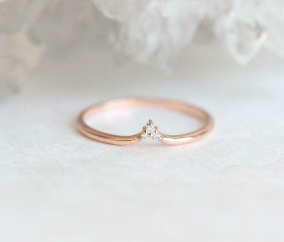 0.1Ct Round Cut Tiny Diamond Minimalist Curved Wedding Band 14K Rose Gold Finish