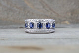 2ct Oval Cut Blue Sapphire Half Eternity Wedding Band Ring 14k White Gold Finish