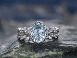 2Ct Oval Cut Blue Aquamarine Bridal Set Ring Bubbly Band 14K White Gold Finish