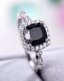 2.5Ct Cushion Cut Black Diamond Halo Ring 14K White Gold Finish Round Accents
