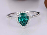 1.5ct Pear Cut Green Emerald Engagement Ring Diamond Halo 14k White Gold Finish
