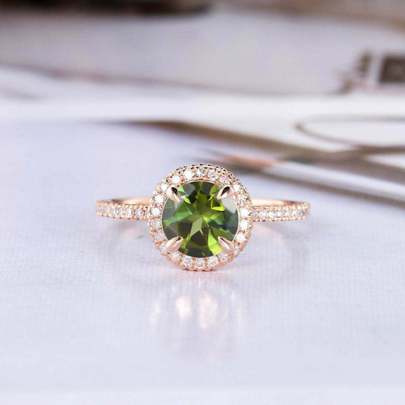 1.5ct Round Cut Green Peridot Engagement Ring Diamond Halo 14k Rose Gold Finish