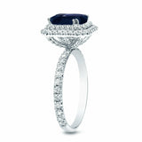 4Ct Cushion Cut Sapphire Dual Diamond Halo Engagement Ring 14K White Gold Finish