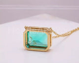 1ct Green Emerald Cut Simulated Bezel Set Pendant Chain 14k Yellow Gold Plated