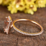 2ct Elongated Cushion Cut Peach Morganite Engagement Ring Halo 14k RoseGold Over
