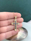 1ct Round Cut Blue Sapphire Pendant Chain Milgrain Cross 14k Yellow Gold Finish