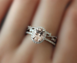 2ct Oval Cut Peach Morganite Engagement Ring 14k White Gold Over Halo Bridal Set