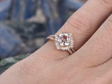 3.5ct Cushion Cut Peach Morganite Bridal Set Engagement Ring 14K Rose Gold Over
