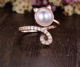 0.3ct Round Cut Simulated Diamond Halloween Cat Pearl Ring 14k Rose Gold Plated