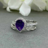 2.1ct Pear Purple Amethyst Halo Bridal Set Engagement Ring 14k White Gold Finish