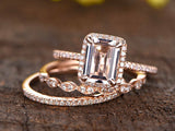 2ct Emerald Cut Morganite Trio Bridal Set Engagement Ring 14k Rose Gold Finish