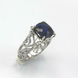 2ct Cushion Blue Sapphire Engagement Ring Milgrain Filigree 14k White Gold Over