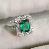 1.5ct Engagement Ring Green Emerald Cut Round Accent Halo 14k White Gold Finish