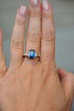 2.1ct Engagement Ring Emerald Cut London Blue Topaz Trilogy 14k Rose Gold Finish