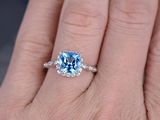 2.2ct Cushion Cut Blue Topaz Engagement Ring Diamond Halo 14k White Gold Finish
