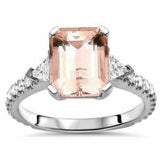 3.5ct Emerald Cut Morganite Engagement Ring 14K White Gold Over Trillion Accents