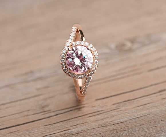 1.7ct Round Cut Peach Morganite Engagement Ring Split Shank 14k Rose Gold Finish