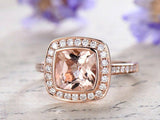 2ct Cushion Cut Peach Morganite Diamond Halo Bezel Set Ring 14k Rose Gold Finish