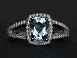 2.8ct Engagement Ring Cushion Cut Blue Aquamarine Split Shank 14k WhiteGold Over