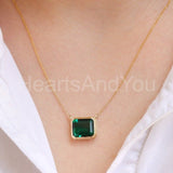 2ct Green Emerald Cut Simulated Bezel Set Pendant Chain 14k Yellow Gold Plated