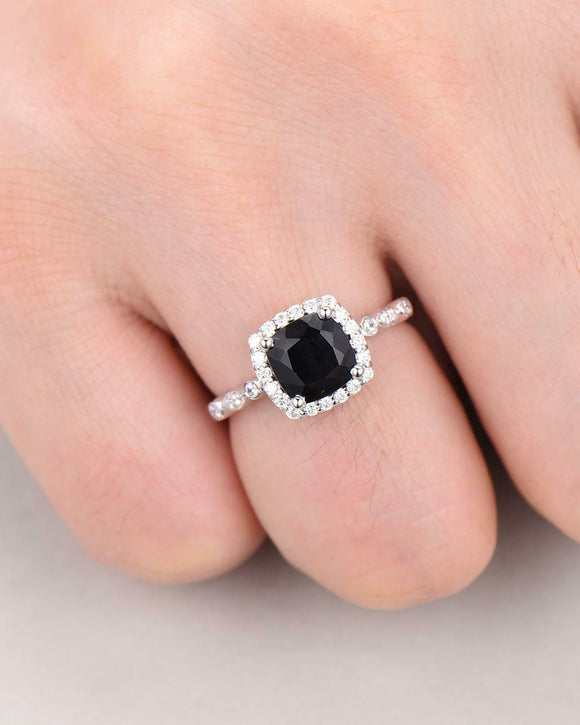 2.5Ct Cushion Cut Black Diamond Halo Ring 14K White Gold Finish Round Accents