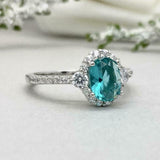 2.3ct Oval Cut Blue Aquamarine Diamond Accent Halo Ring 14k White Gold Finish