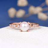 0.5ct Round Simulated Diamond Milgrain Pearl Engagement Ring 14k RoseGold Plated
