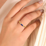 0.6ct Baguette Cut Blue Sapphire Trilogy Minimalist Ring 14k Yellow Gold Finish