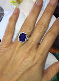 4ct Cushion Blue Sapphire Engagement Ring Split Shank Halo 14k White Gold Finish