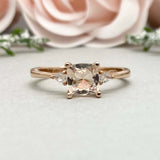 1ct Engagement Ring Cushion Cut Peach Morganite Three Stone 14k Yellow Gold Over