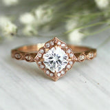 2.5ct Cushion Cut DVVS1 Diamond Vintage Halo Engagement Ring 14K Rose Gold Over